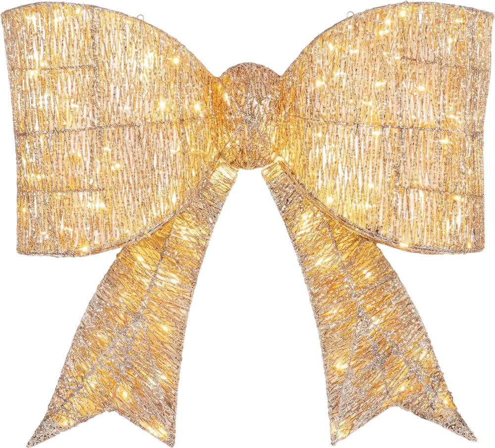 30" Christmas lighted bow decoration featuring shiny gold tinsel fabric and 120 warm white LED lights for festive charm.