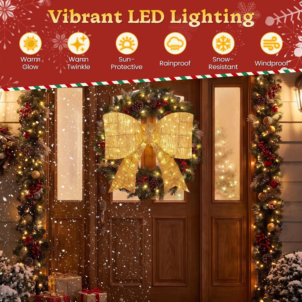30" Christmas lighted bow decoration with 120 warm white LED lights, perfect for festive holiday displays outdoors.