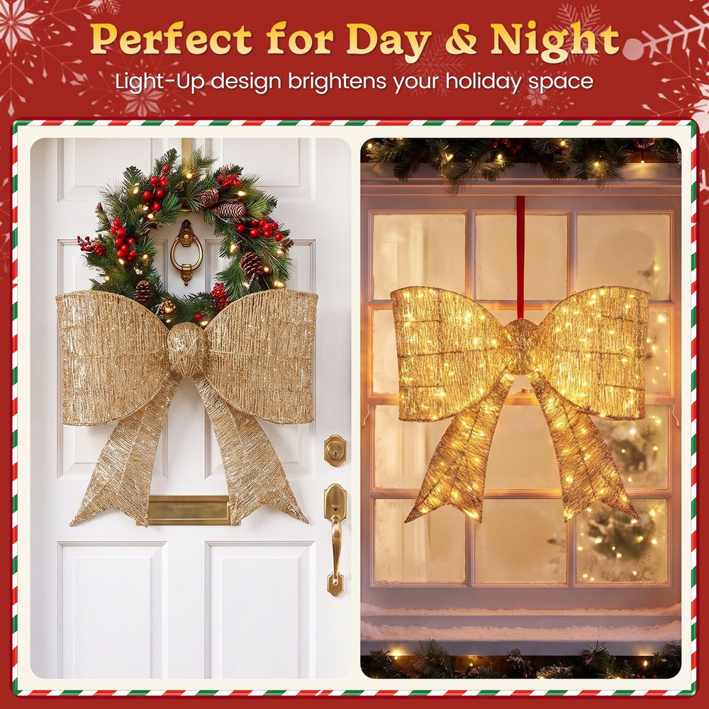 Golden 30" Christmas lighted bow decoration with 120 warm white LED lights, perfect for festive day and night displays.