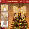 30" lighted Christmas bow decoration in golden tinsel fabric with 120 warm white LED lights for festive holiday decor.