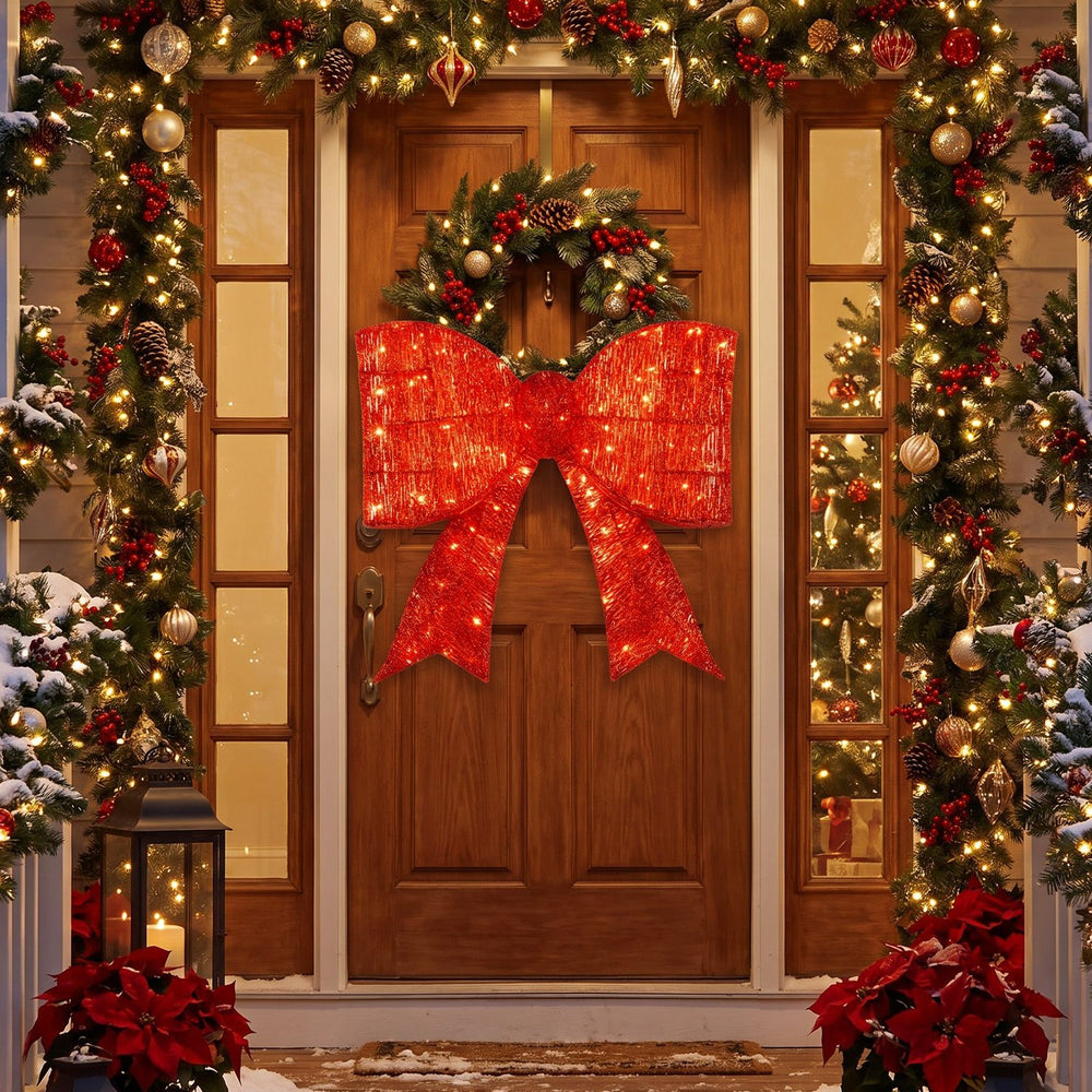 30" Christmas Lighted Bow Decoration Set of 2 with 120 Pre Lit Warm White LED Lights-Red - Gallery View 1 of 10