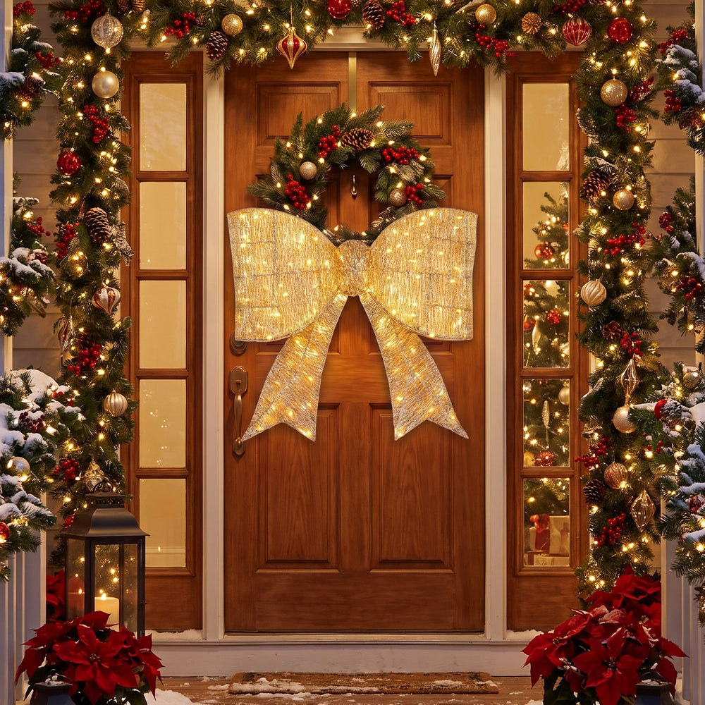 30" Christmas Lighted Bow Decoration Set of 2 with 120 Pre Lit Warm White LED Lights-Golden - Gallery View 1 of 10