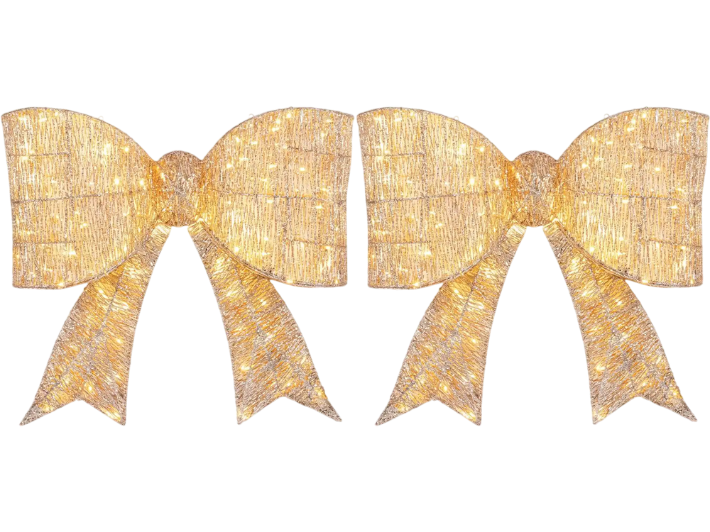Set of 2 lighted Christmas bows measuring 30 inches, featuring 120 warm white LED lights for festive holiday decor.