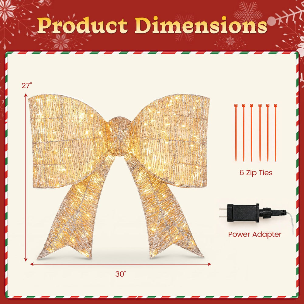 Golden 30" Christmas lighted bow decoration with 120 warm white LED lights, perfect for festive outdoor display.