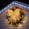 30" Christmas lighted bow decoration with warm white LED lights, featuring shiny tinsel and a festive design for outdoor use.