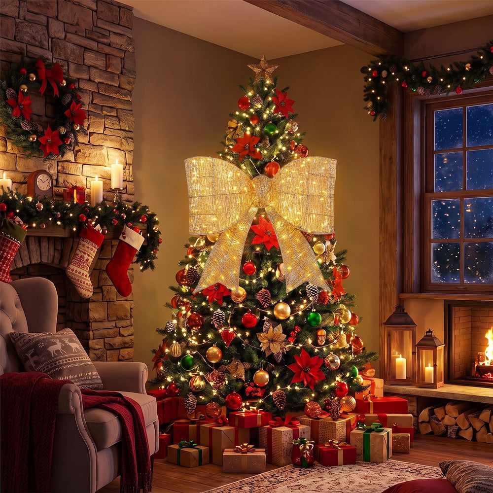 Golden 30" Christmas lighted bow decoration set of 2 with warm white LED lights for festive holiday displays.