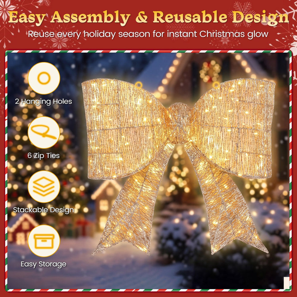 30" golden Christmas lighted bow decoration set of 2 with 120 warm white LED lights, perfect for festive outdoor display.