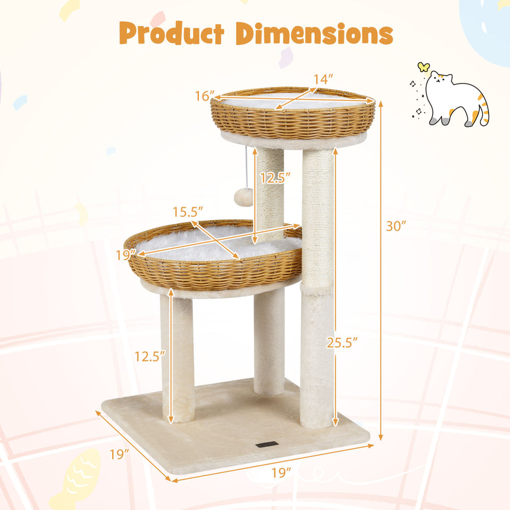 Dimensions of the 30-inch cat tower with 2 rattan baskets, ideal for indoor kittens and compact spaces.