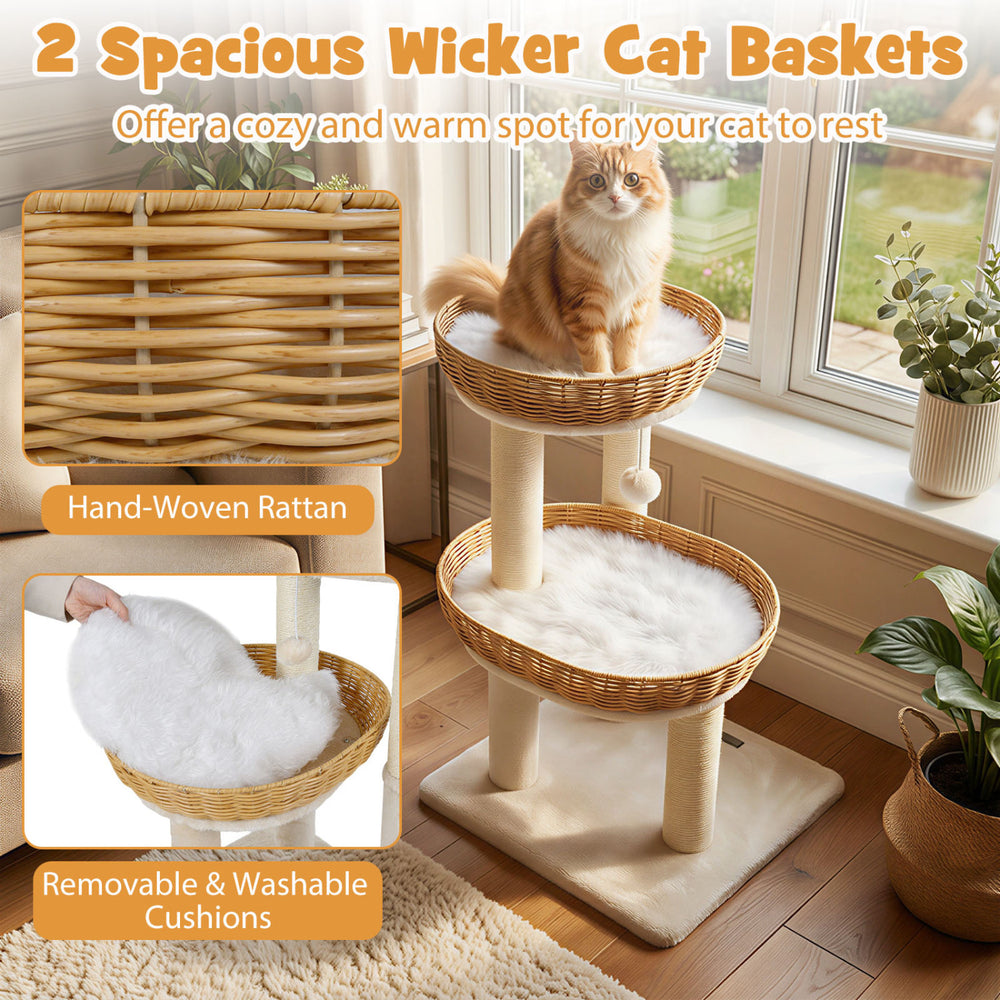 Two spacious hand-woven rattan cat baskets with removable cushions for cozy lounging in a 30-inch cat tower.