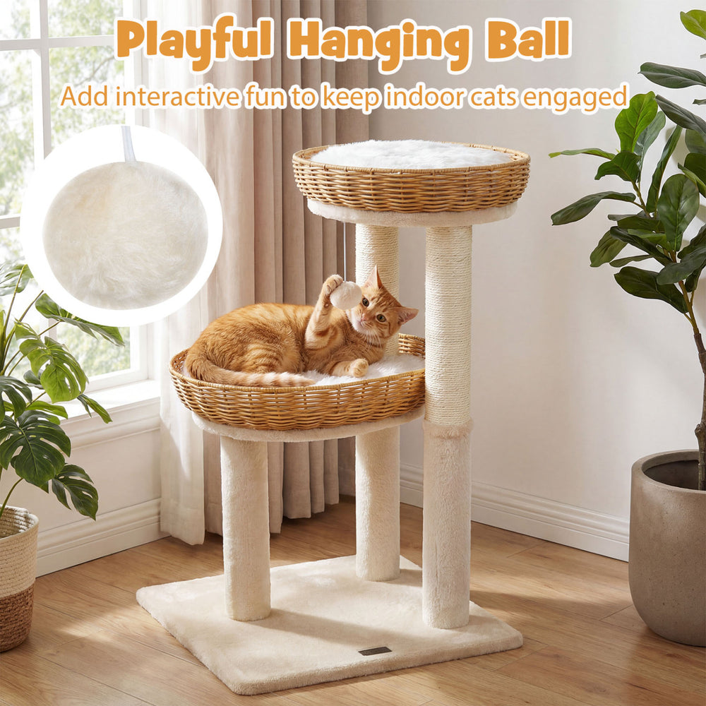 30-inch cat tower featuring two hand-woven rattan baskets and a playful hanging ball for indoor kittens' entertainment.