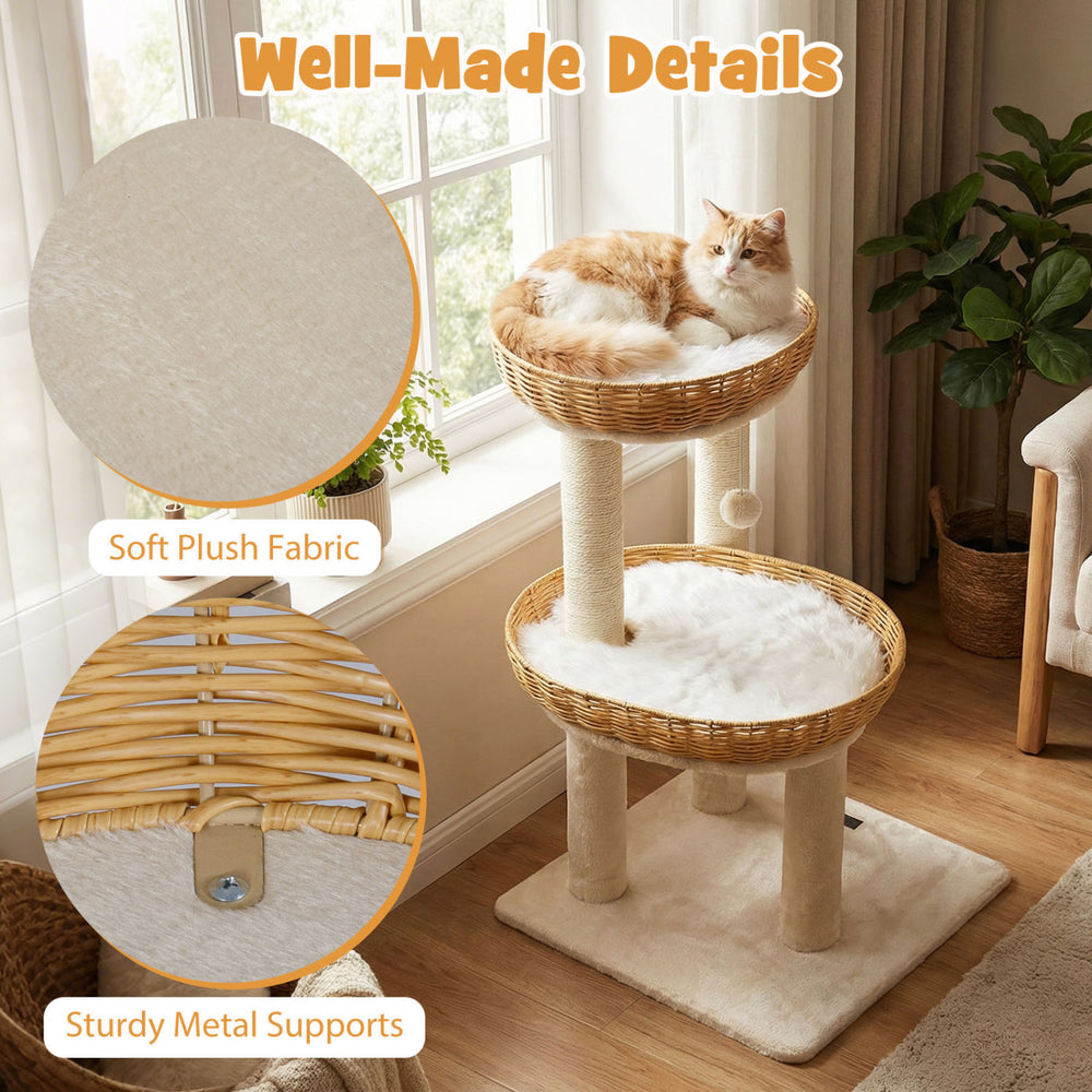 Cat tower featuring two hand-woven rattan baskets, soft plush cushions, and sturdy metal supports for indoor kittens.