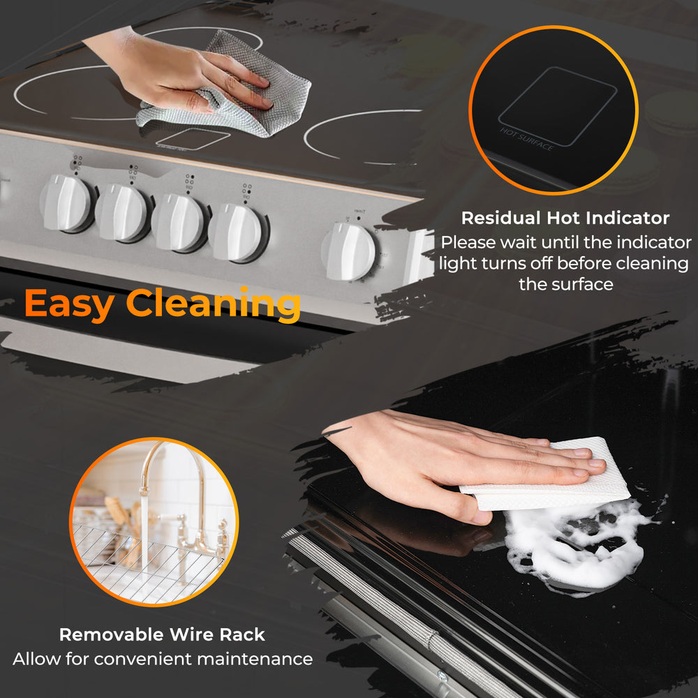 Ceramic cooktop of the 30-inch kitchen stove showing easy cleaning features and a residual hot indicator for safety.