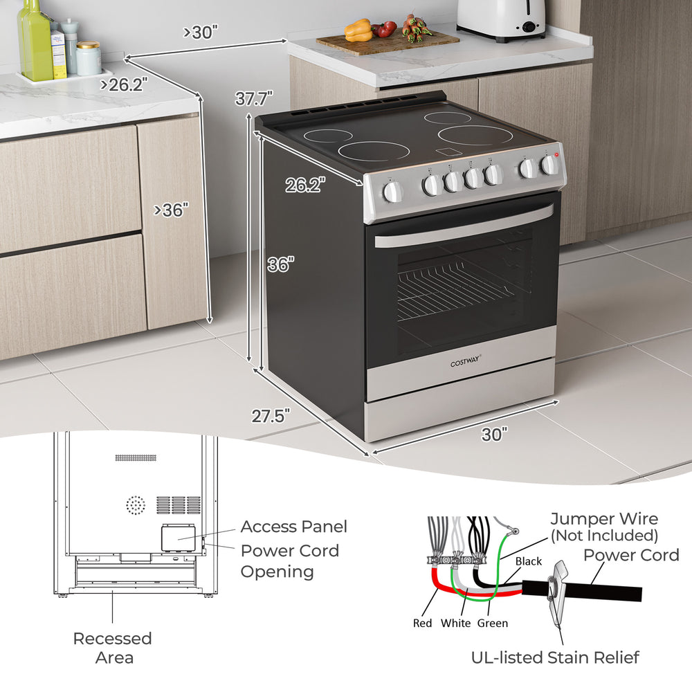 30-inch freestanding kitchen stove with 4 burners, ceramic cooktop, and 5.1 cu.ft capacity for versatile cooking.