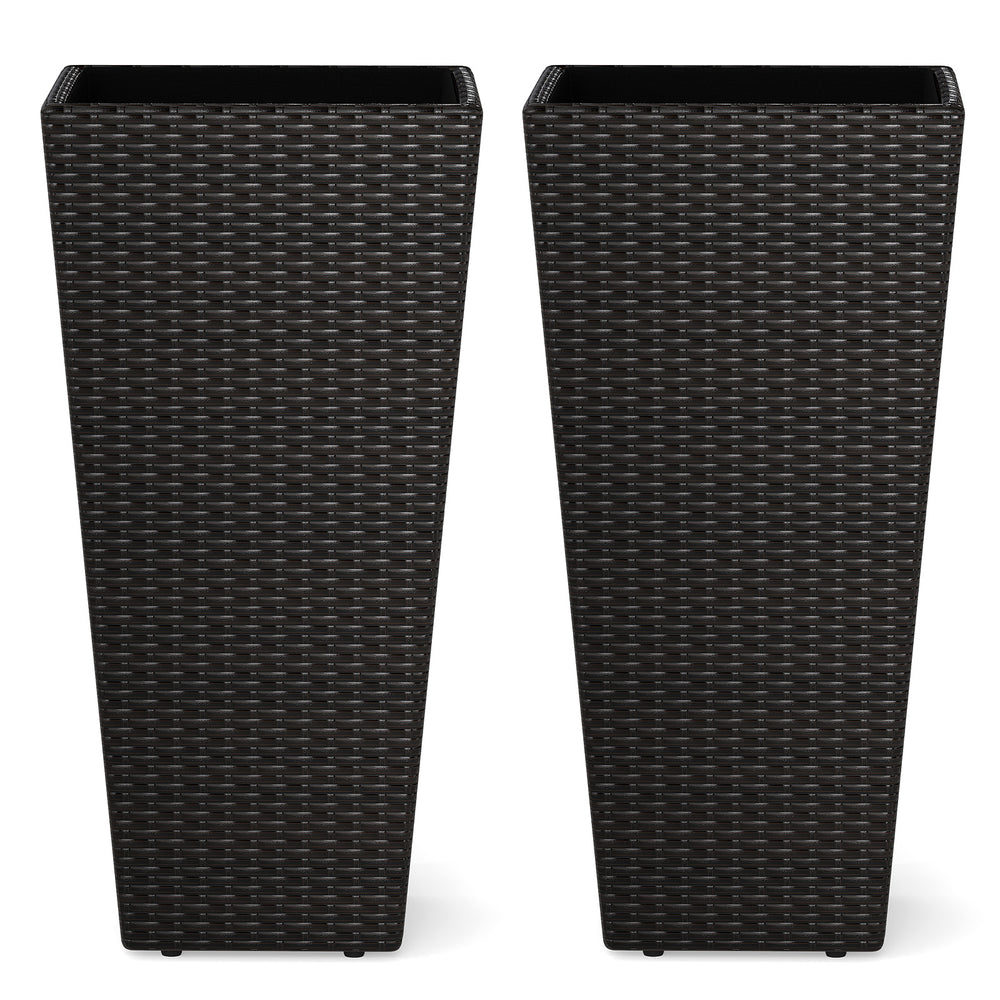 Set of 2 modern 30-inch decorative planter pots made from PE rattan, perfect for patios and poolside greenery.