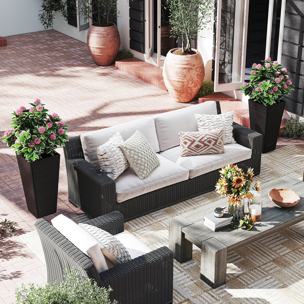30-inch decorative planter pots set of 2 in elegant PE rattan, perfect for patios and poolside greenery.