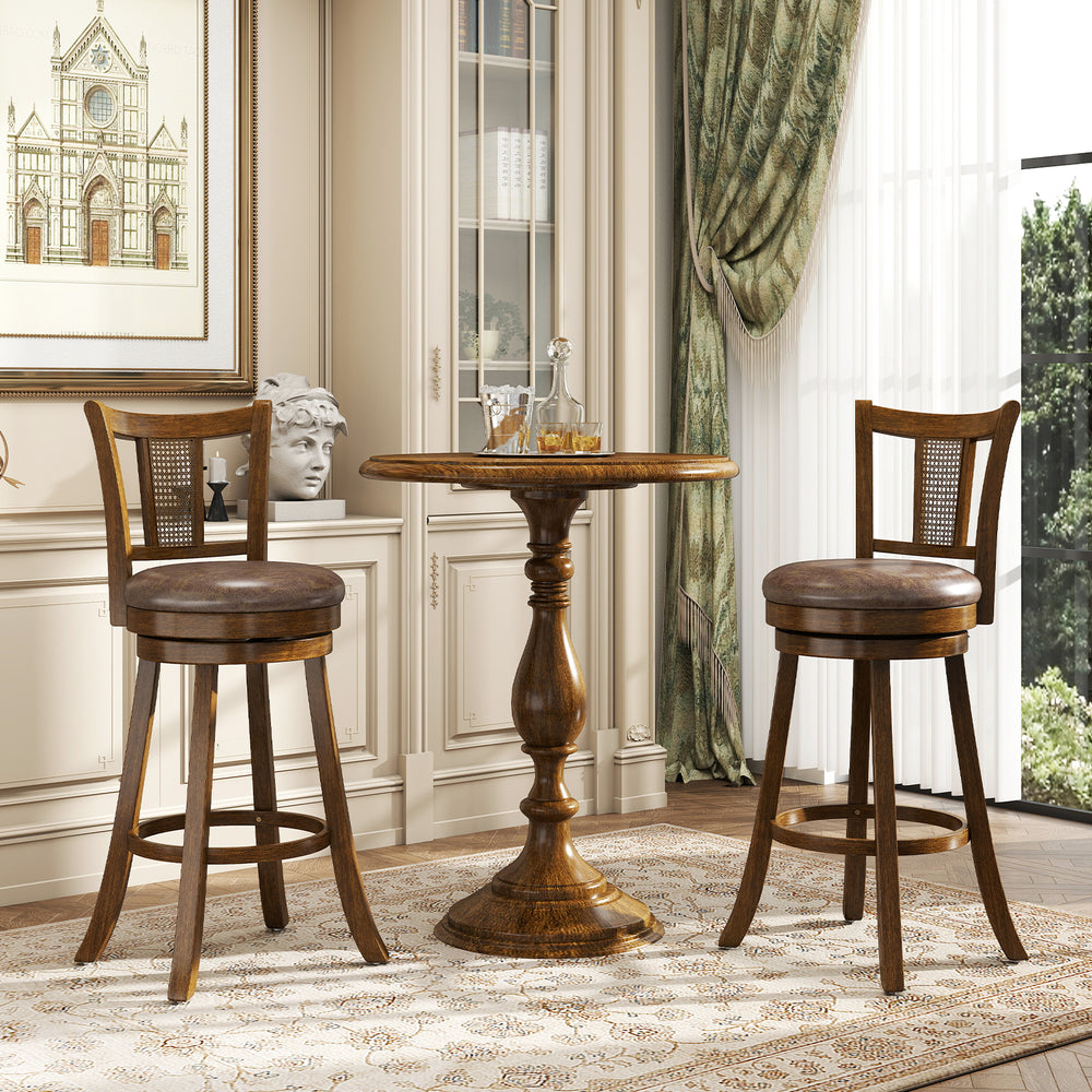 Set of 2 brown bar stools with PE rattan backrest and rubber wood frame, featuring a 360° swivel seat for comfort.