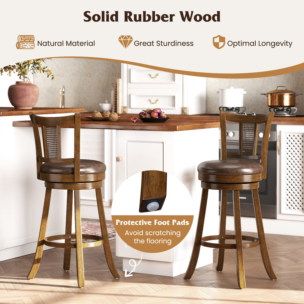 Set of 2 brown bar stools with PE rattan backrest and rubber wood frame, featuring protective foot pads for flooring.