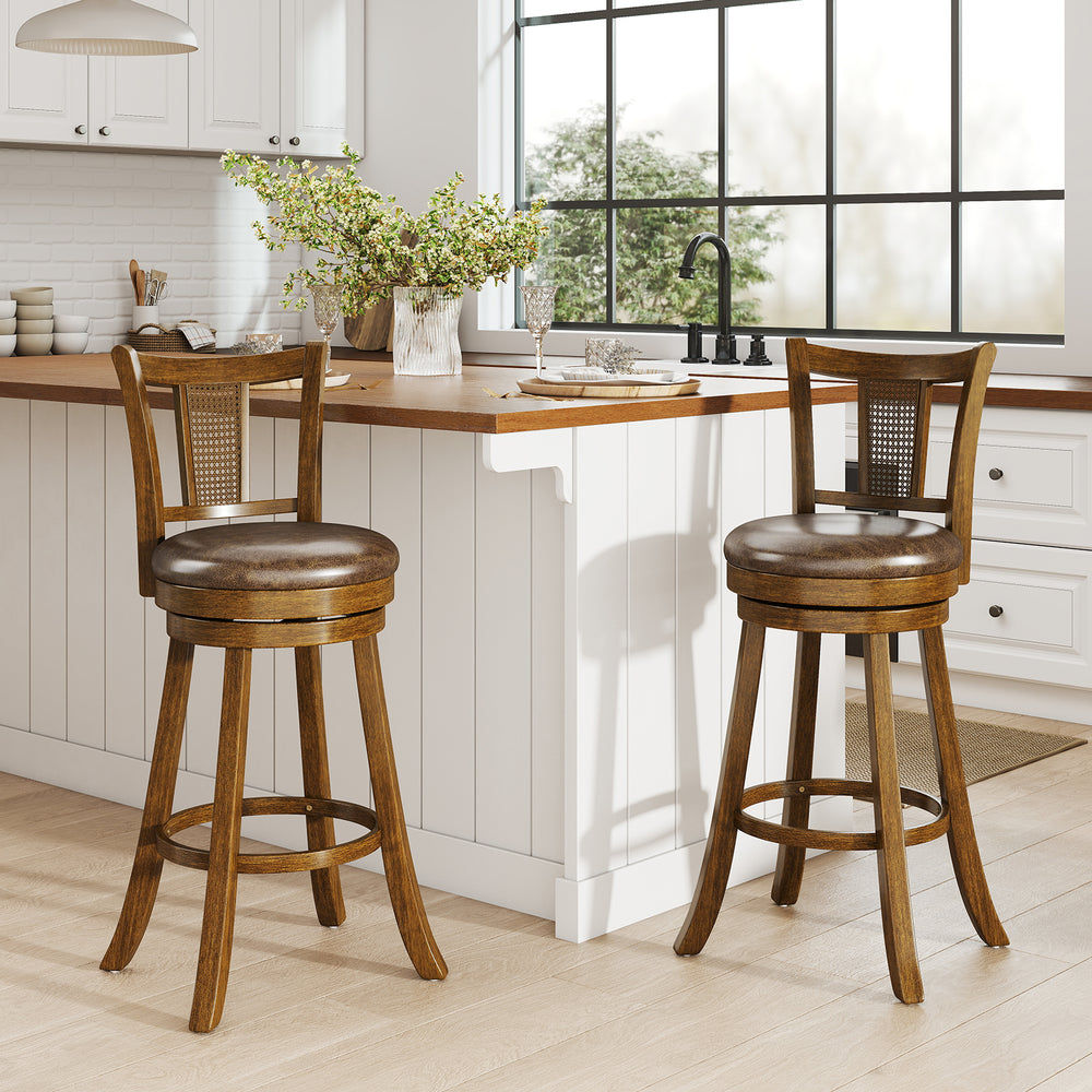 Single brown bar stool showcasing a curved PE rattan backrest and rubber wood frame, designed for ergonomic comfort.