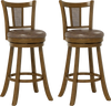 Set of 2 30-inch bar stools with PE rattan backrest and rubber wood frame, featuring a 360° swivel seat for comfort.