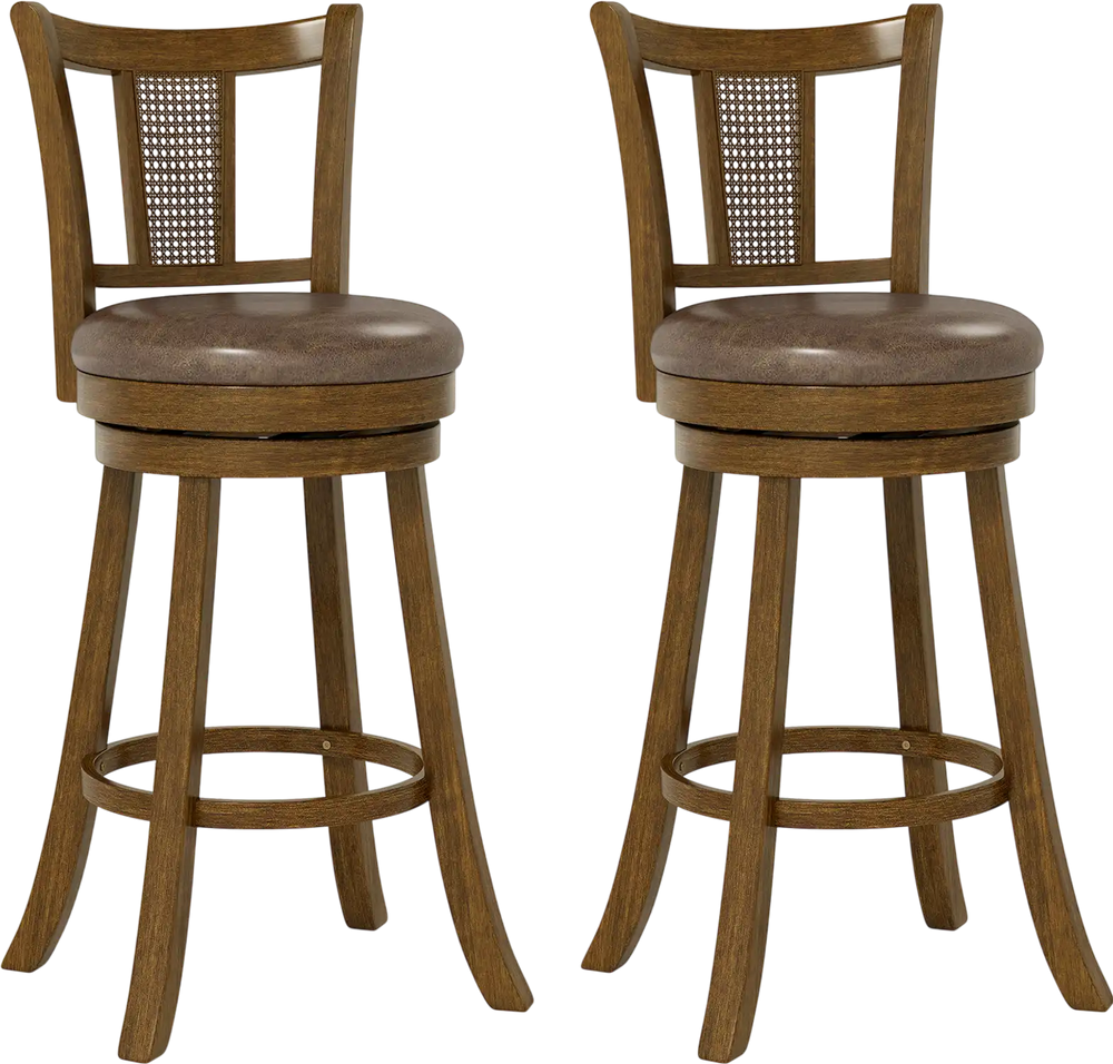 Set of 2 30-inch bar stools with PE rattan backrest and rubber wood frame, featuring a 360° swivel seat for comfort.