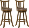 Set of 2 30-inch bar stools with PE rattan backrest and rubber wood frame, featuring a 360° swivel seat for comfort.