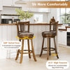 Set of 2 brown bar stools with PE rattan backrest, 360° swivel seat, and 10.5" high footrest for comfort.