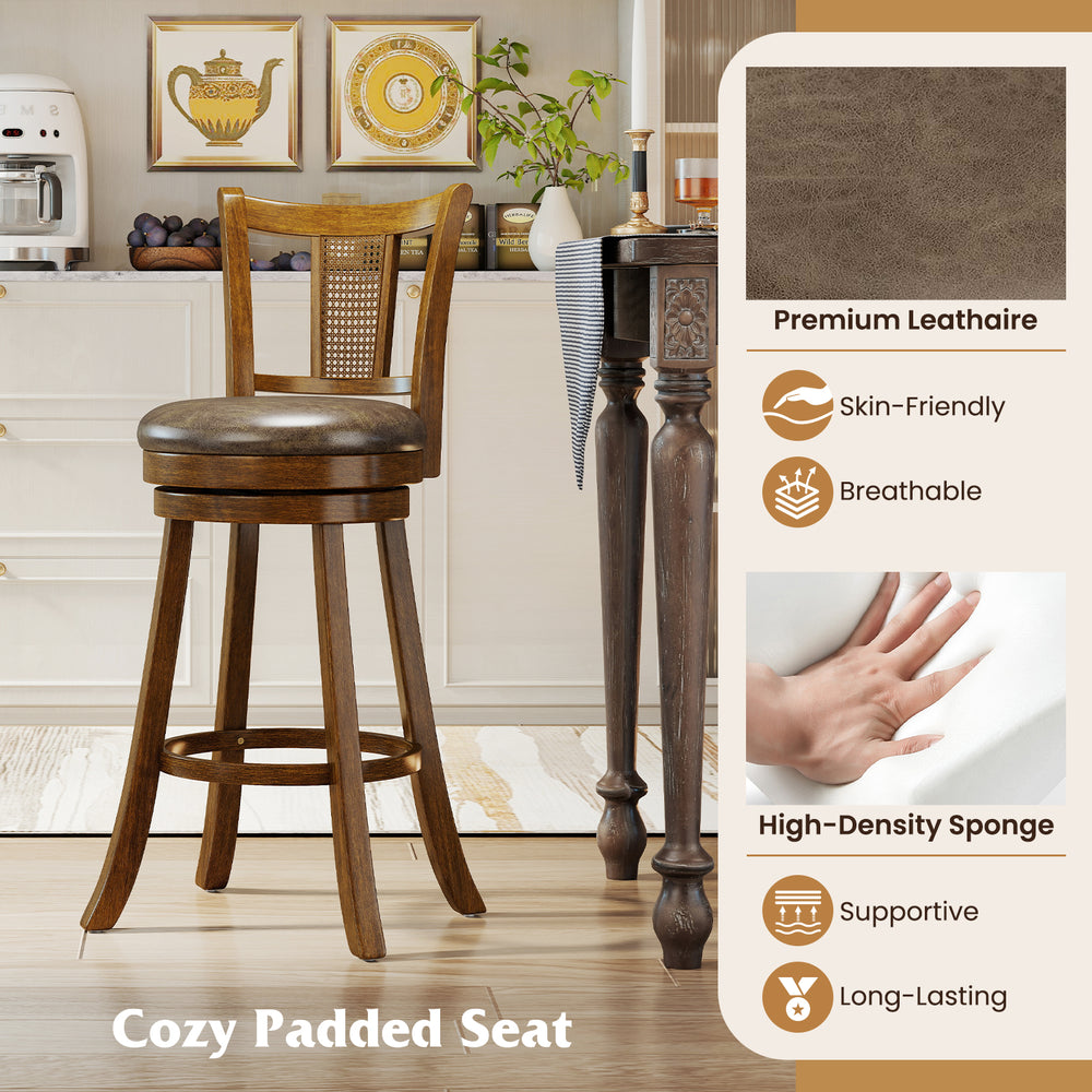 30-inch bar stool with a PE rattan backrest and rubber wood frame, featuring a cozy padded seat for comfort.