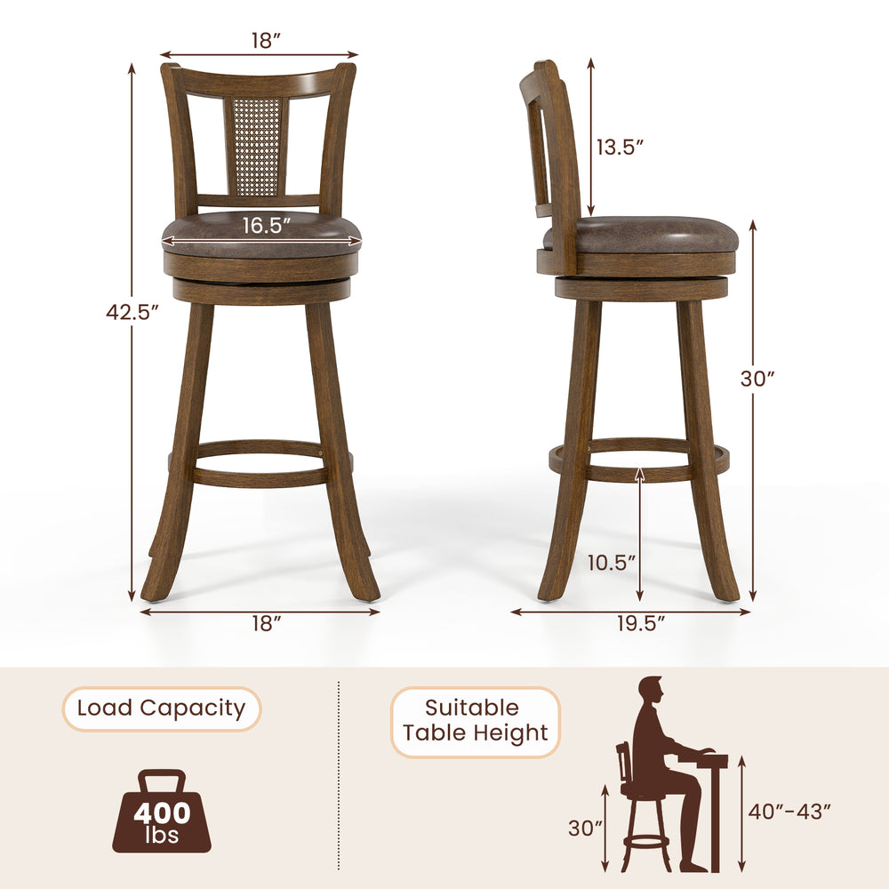 30-inch bar stool set with PE rattan backrest and rubber wood frame, featuring a 360° swivel seat for comfort.