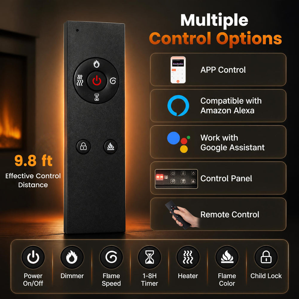 Remote control for the 30 Inch Smart WiFi Electric Fireplace, featuring multiple control options and a 9.8 ft effective distance.