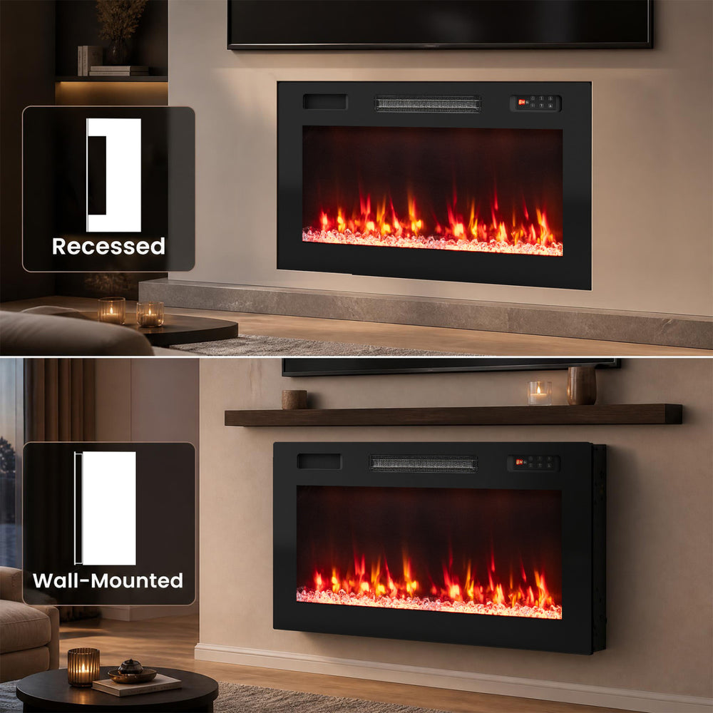 30-inch smart WiFi electric fireplace with recessed and wall-mounted options, featuring 12 flame colors and efficient heating.