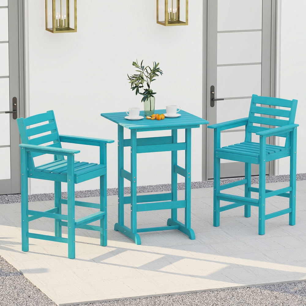 Turquoise 30-inch square bar table with slatted design, ideal for poolside dining and gatherings.