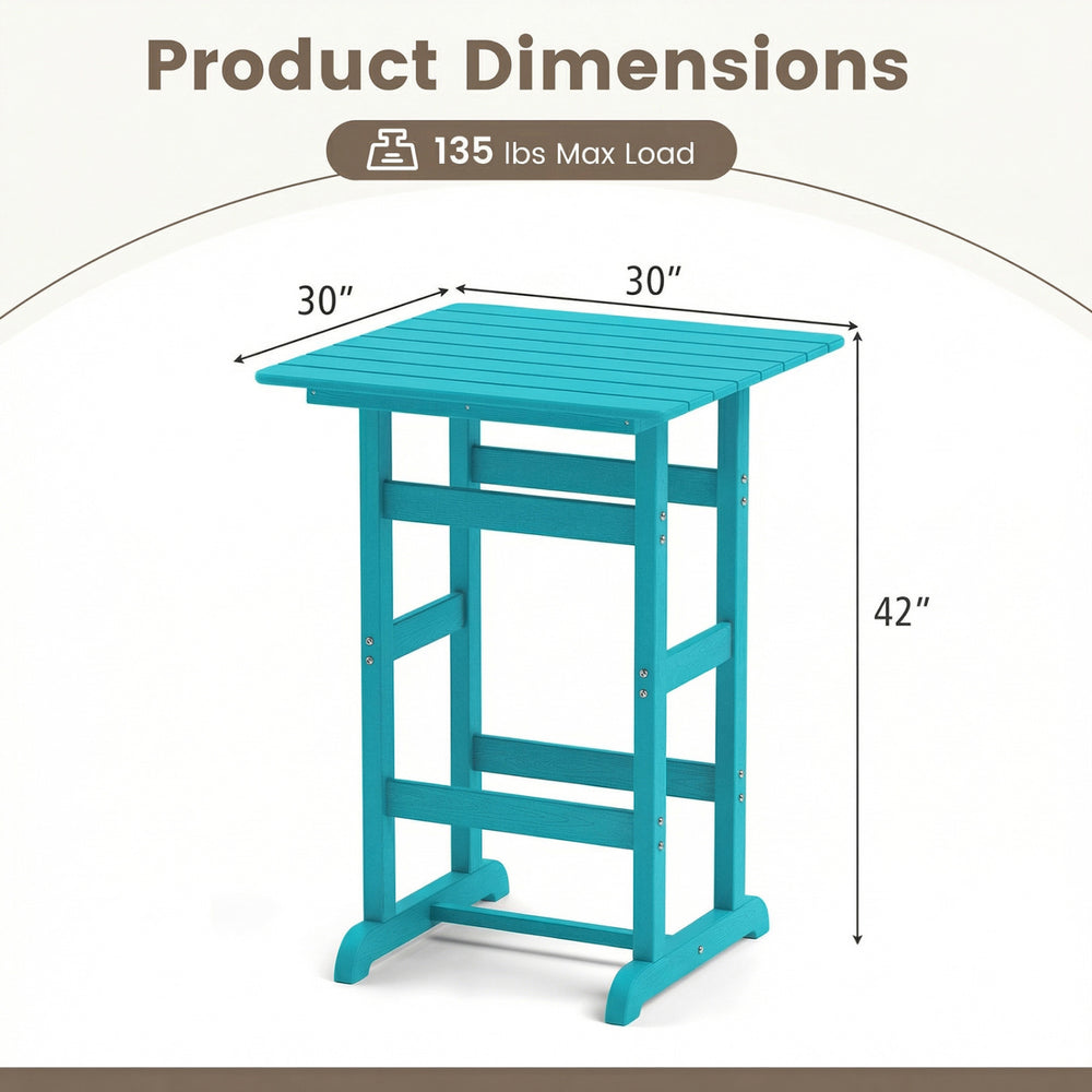 30-inch turquoise bar table with slatted tabletop, made of weatherproof HDPE, ideal for poolside and backyard use.