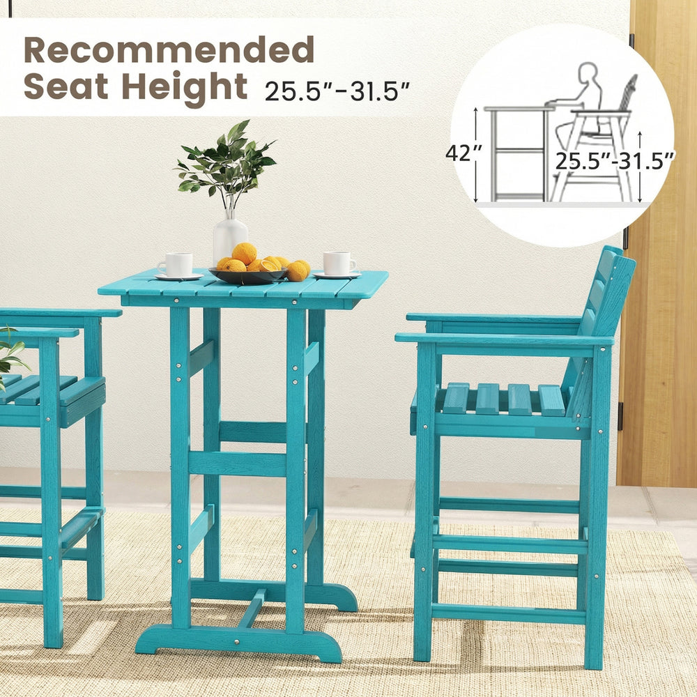 Turquoise 30-inch square bar table with slatted design, ideal for poolside use and compatible with 25.5"-31.5" chairs.