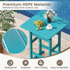 Turquoise 30-inch square bar table with slatted design, made of weatherproof HDPE, ideal for poolside dining.