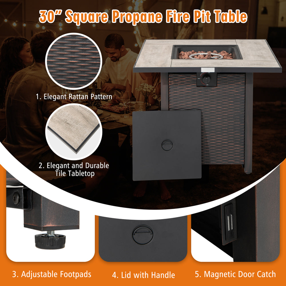 30-inch square propane fire pit table with ceramic tabletop, simulated rattan stripes, and adjustable footpads for.