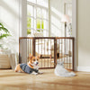 Wooden pet fence in brown, 30 inches tall, designed for small dogs and cats, creating a safe enclosed area indoors.