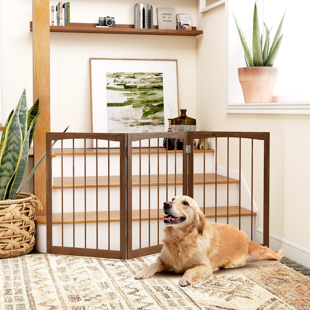 Wooden pet fence in brown, 30 inches tall, designed for small and medium dogs, providing a safe enclosed area.