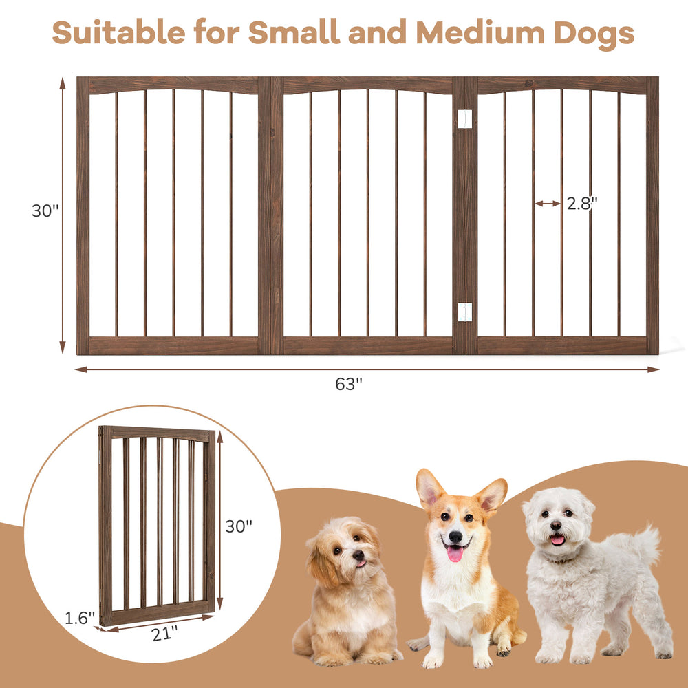 30-inch tall brown wooden pet fence for small and medium dogs, foldable design for easy storage and transport.