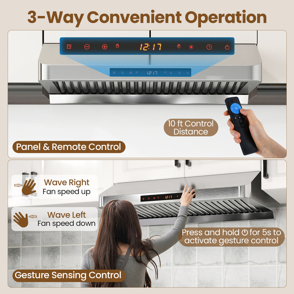 30-inch stainless steel under cabinet range hood with remote and gesture controls for convenient operation in the.