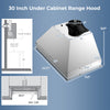 30-inch under cabinet range hood in silver with 4 fan speeds, baffle filters, and dimensions for effective kitchen.