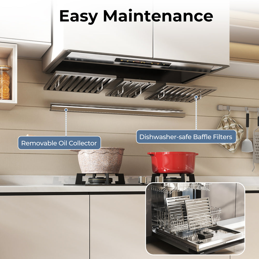 30-inch under cabinet range hood featuring removable oil collector and dishwasher-safe baffle filters for easy.