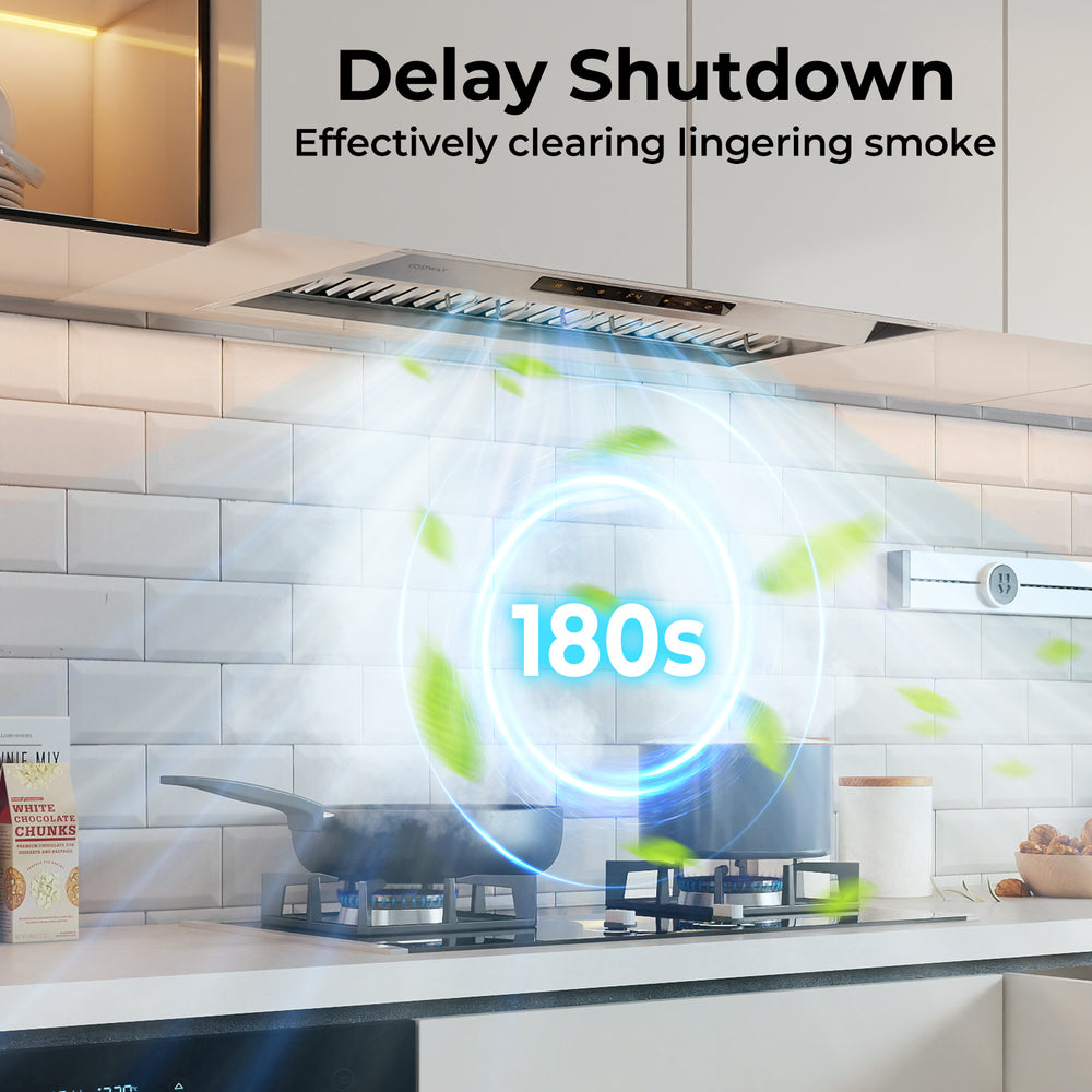 30-inch under cabinet range hood with 4 fan speeds, showcasing delay shutdown feature for effective smoke removal.