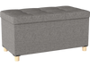 Gray 30-inch storage ottoman bench with rubber wood legs, featuring a flip-over lid for drinks and 20.5-gallon capacity.