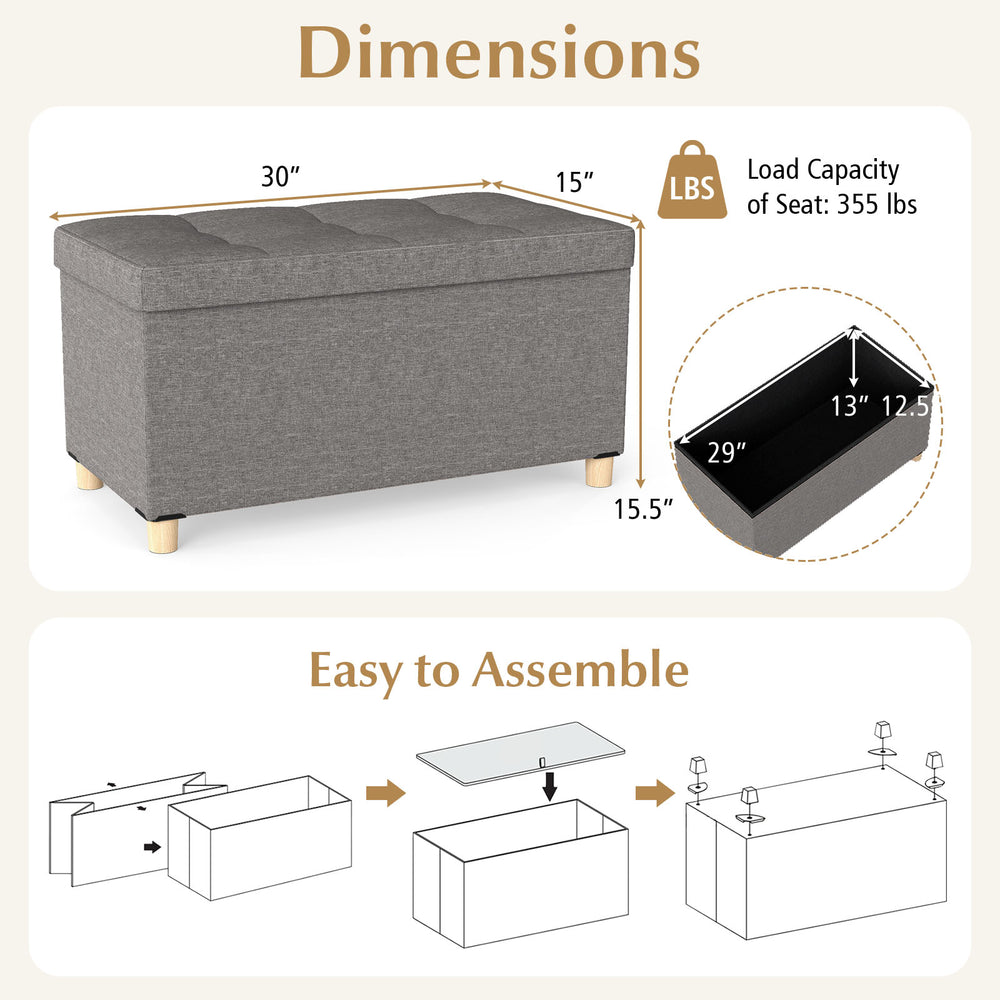 30-inch gray storage ottoman bench with rubber wood legs, featuring a flip-over lid and 20.5-gallon capacity for.