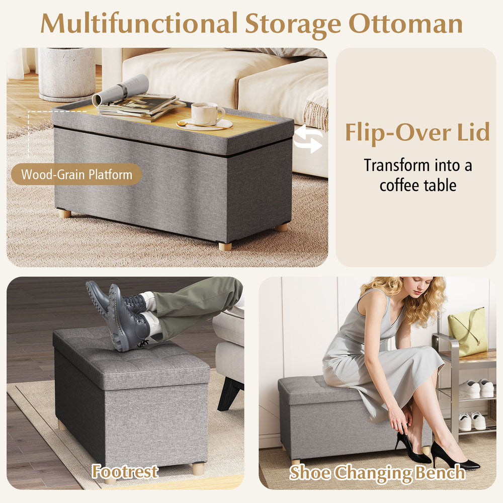 Gray 30-inch storage ottoman bench with flip-over lid, rubber wood legs, ideal for living rooms and versatile use.