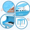 Blue 30-key wooden toy grand piano with included stool, music stand, and child-friendly round edge design for safety.