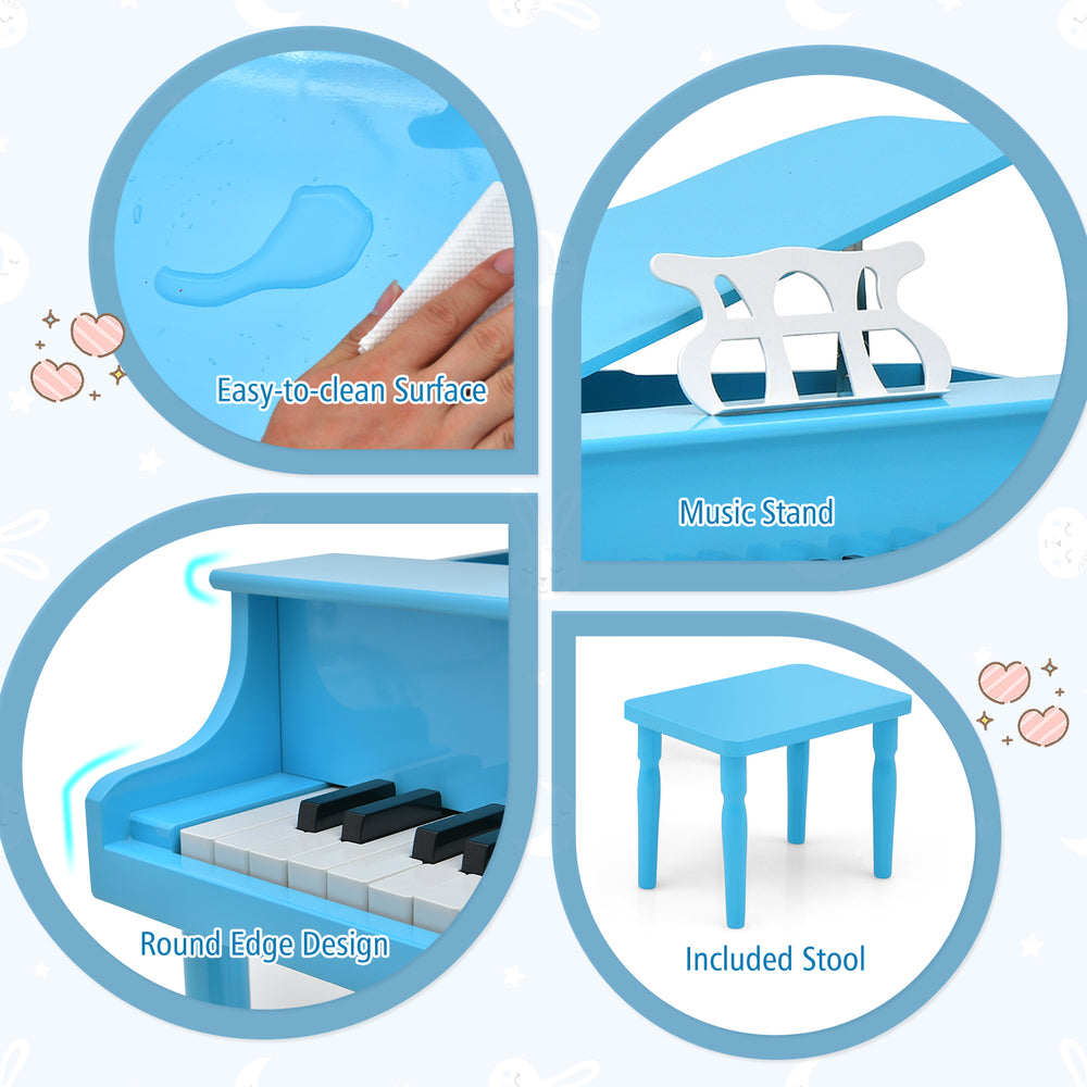 Blue 30-key wooden toy grand piano with included stool, music stand, and child-friendly round edge design for safety.