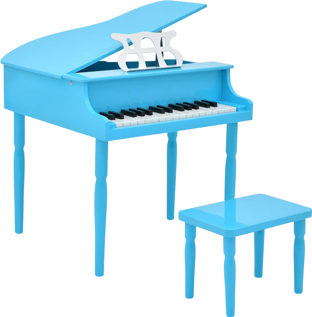 Blue 30-key wooden toy grand piano with matching bench, designed for kids aged 3-8, promotes creativity and.