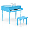 Blue 30-key wood toy grand piano with matching bench, designed for kids aged 3-8, promoting creativity and coordination.