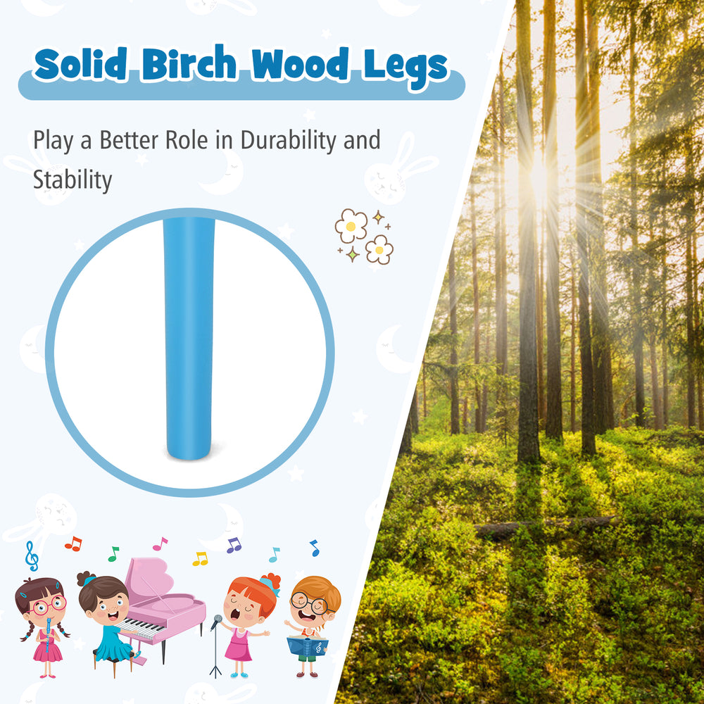 Solid blue birch wood leg of a kids' grand piano, ensuring stability and safety for children aged 3-8 years.